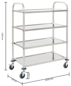 Carrinho de cozinha de 4 níveis 107x55x125 cm aço inoxidável