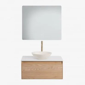 Conjunto De Móvel De Casa De Banho Em Madeira De Freixo Tedrik Castanho Fresno & Cimento Redondo Branco Ø40 Cm Zavion & Led - Sklum