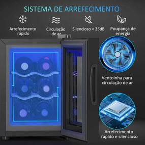 Cave de Vinho para 6 Garrafas com Luz LED Ecrã Tátil Controlo de Temperatura e 2 Prateleiras Ajustáveis 26,5x51,5x39,3 cm Preto