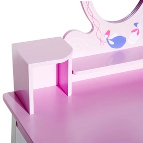 Toucador Infantil com Banco e Espelho tipo Princesa Mesa-de-Maquilhagem-de-Madeira -Cor-de-Rosa- 59 x 39 x 92 cm