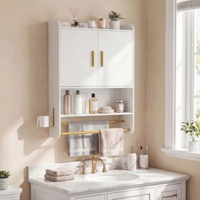 Armário para casa de banho parede, 55 x 20 x 80 cm, com portas, prateleira ajustável e barra para pendurar Branco