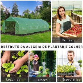 Estufa Tipo Túnel 800x300x200cm com 12 Janelas e Porta Enrolável Cobertura de PE 140g/m² e Aço Teto Pontiagudo para Cultivo de Plantas Verduras Verde