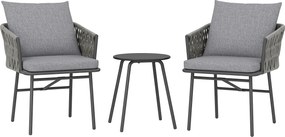 Outsunny Conjunto de móveis exteriores 3 peças, 2 cadeiras, 1 mesa, conjunto bistrô, rattan sintético, estrutura de aço, mesa metálica, 4 almofadas, cinza | Aosom Portugal