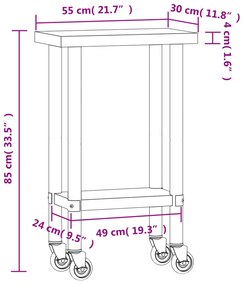 Mesa de trabalho de cozinha c/ rodas 55x30x85 cm aço inoxidável