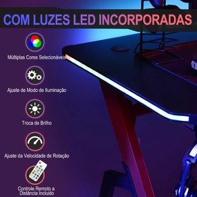 Mesa de Gaming com LED RGB Secretária de Computador com Porta Copos Gancho para Fone de Ouvido Suporte para Controle Gamepad e Luz com Controle Remoto