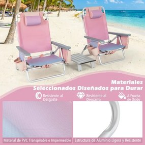 Conjunto de 2 cadeiras reclináveis de exterior com estrutura de alumínio e mesa de jardim, piscina campismo, praia dobraveis Rosa