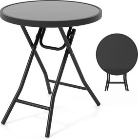 Mesa jardim redonda dobrável de 46 cm compacta com tampo de vidro temperado e estrutura metálica preta