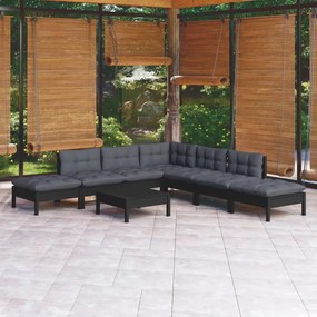 vidaXL 8 pcs conjunto lounge de jardim c/ almofadões pinho preto