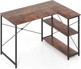Secretária em forma de L com prateleira ajustável e estrutura metálica resistente 118 x 86 x 75 cm castanho e preto