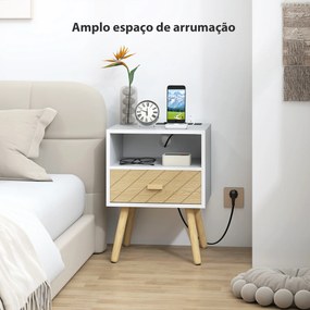Mesa de Cabeceira com Estação de Carregamento Gaveta 2 Tomadas AC Porta USB e Tipo-C  40x35x54,7 cm Branco