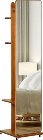 Espelho de pé com rodas 40 (L) x 44,5 (P) x 170 (A) cm com Cabide 4 ganchos e prateleira em MDF com acabamento em cor nogueira