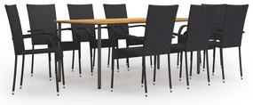 9 pcs conjunto de jantar para jardim vime PE preto