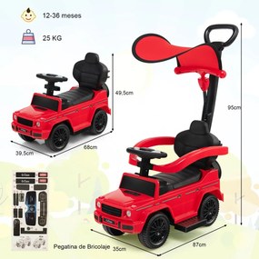 Carro de passeio 3 em 1 para crianças com capota ajustável, alça para os pais, barra de apoio para os braços, som de motor e buzina vermelho