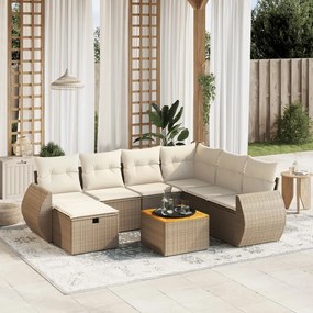 8 pcs conjunto de sofás p/ jardim com almofadões vime PE bege