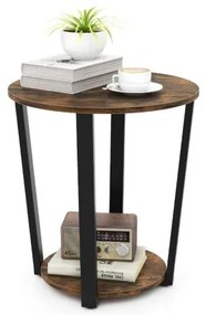 Mesa lateral redonda com prateleira aberta e estrutura de metal - nogueira