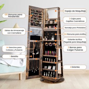 Espelho Guarda Joias rotativos 360° com luzes LED Espelho de corpo inteiro Com Estante 54,5 x 161 cm Castanho Escuro