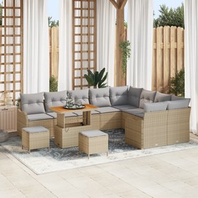 Conjunto de Sofá Jardim 12 Peças com Almofadas Bege Rattan Poly Acácia