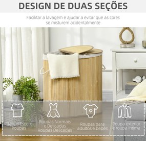 Cesto de Roupa Suja de Bambu 100L com 2 Compartimentos e Forro Removível 62,5x37x60,5 cm Madeira