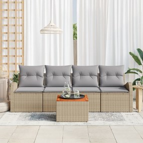 Conjunto de Sofás de Jardim de 5 Peças com Almofadas Bege Rattan Polié