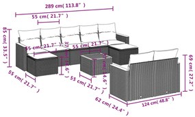 10 pcs conjunto de sofás p/ jardim com almofadões vime PE bege