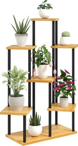 Suporte para plantas com 7 níveis para interior e exterior, prateleira para plantas em aço e madeira, madeira natural