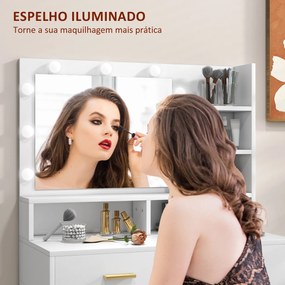 Toucador de Maquilhagem com Luz e Banco Mesa de Maquilhagem com 2 Gavetas e Prateleiras Estilo Moderno para Quarto Branco