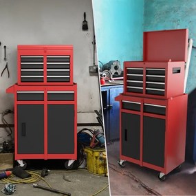 Armário de ferramentas removível para garagem com rodas com trava, estofamento ajustável e forro antiderrapante 59 x 28 x 102 cm Vermelho +Preto
