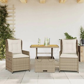 3 pcs conjunto bistrô com almofadões vime PE bege