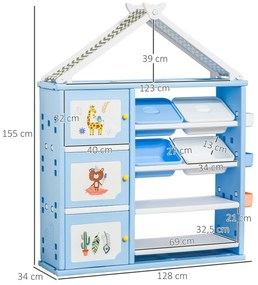 Estante Infantil de Brinquedos com Armário Prateleiras 4 Caixas e 3 Cestas Organizadoras de Armazenamento para Habitação de Crianças Sala de Jogos 128