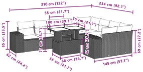 10 pcs conjunto sofás de jardim c/ almofadões vime PE preto