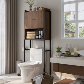 Móvel com prateleira para cima do WC, prateleira de casa de banho, armário de 2 portas e nicho, 68 x 25,5 x 172,5 cm, castanho-escuro