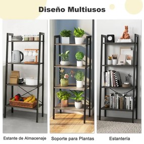 Estante de 4 níveis em escada para escritório Estante industrial com estrutura metálica para plantas 56 x 34 x 138 cm Castanho Escuro