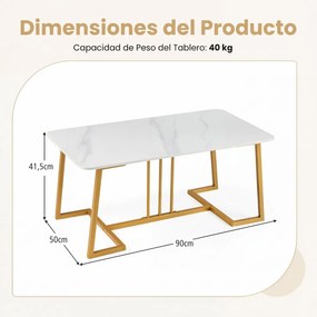 Mesa centro com tampo em pedra Sierra Nevada estilo mármore e estrutura dourada, 90 x 50 x 41,5 cm Branco + Dourado