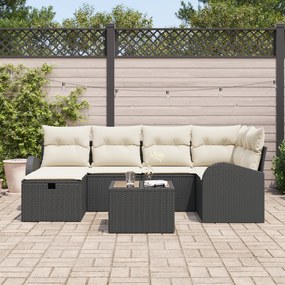 Conjunto de Sofás de Jardim de 7 Peças com Almofadas Preto Rattan Poli