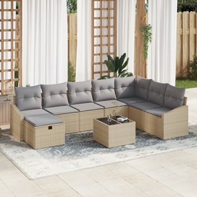 Conjunto de Sofás de Jardim de 9 Peças com Almofadas Bege Rattan