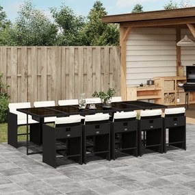11 pcs conjunto de jantar p/ jardim c/ almofadões vime PE preto