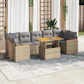 8 pcs conjunto sofás jardim com almofadões vime PE/acácia bege