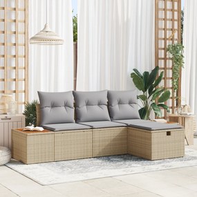vidaXL Conjunto de Sofá de Jardim de 4 Peças com Almofadas Bege Rattan Poli