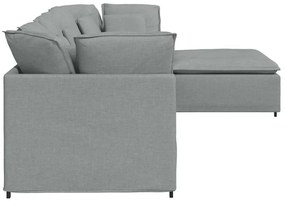 Sofá modular com pufes e almofadas tecido cinzento-claro