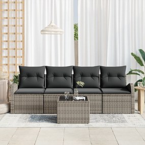 Conjunto de Sofá de Jardim de 5 Peças com Almofadas Cinza Poliratan
