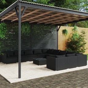 12 pcs conjunto lounge de jardim c/ almofadões vime PE preto