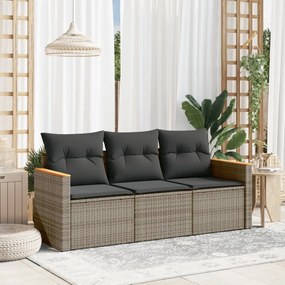 vidaXL 3 pcs conjunto sofás de jardim c/ almofadões vime PE cinzento