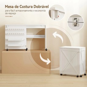 Mesa para Máquina de Costura Dobrável com Porta Magnética, 2 Compartimentos, Prateleira, 18 Suportes para Linhas, 5 Rodas, Branco