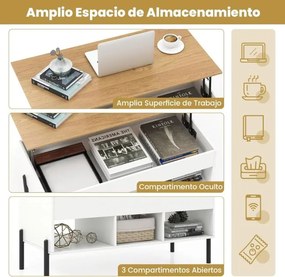 Mesa de centro 100 x 50 x 45 cm elevável com tampo ajustável, amplo compartimento oculto e 3 espaços abertos com pernas de metal branca