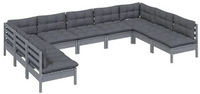 9 pcs conjunto lounge de jardim + almofadões pinho maciço cinza