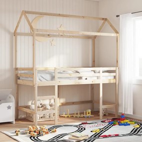 vidaXL Cama alta c/ escada e telhado 90x200 cm pinho maciço