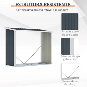 Abrigo para Lenha de Aço Galvanizado Abrigo de Armazenamento de Lenhas com Teto Inclinado para Jardim Terraço Exterior 185x84x133,5/148,5 cm Cinza