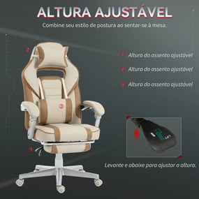 Cadeira Gamer Reclinável com Altura Ajustável Apoio para Pés Retrátil Suporte Lombar e Almofada de Cabeça Removível Creme