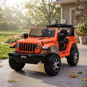 Carro elétrico para crianças até 5 anos Jeep Wrangler Rubicon, 12V, pneus EVA, com bateria de lítio, controlo remoto Laranja