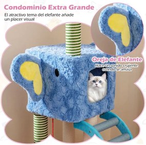 Arranhador para gatos 75 x 40 x 154 cm com tema de elefante com cama acolchoada, postes de sisal, 2 condomínios para interior azul